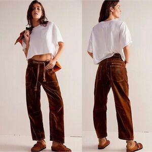 Free People Moxie Flocked Pull On Barrel JeansVelvet Rope Tie Gold/brownSize 28